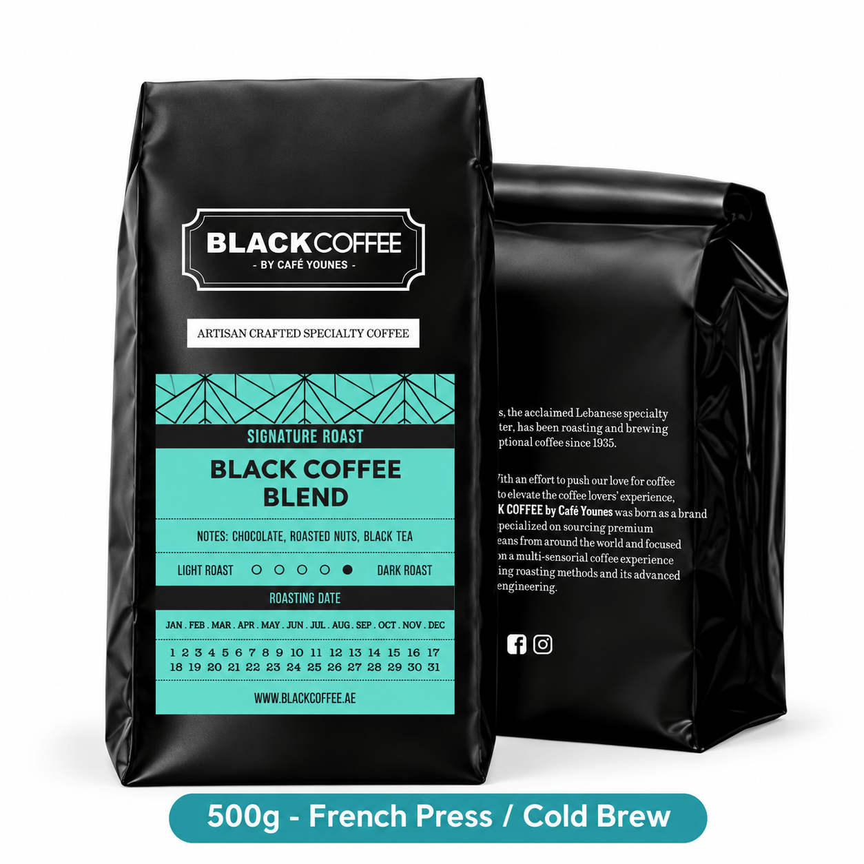 Black Coffee by Cafe Younes Signature Coffee Blend – Balanced Sweet Flavor with Multiple Grind Options for Home Brewing  500g | French Press/Cold Brew Grind