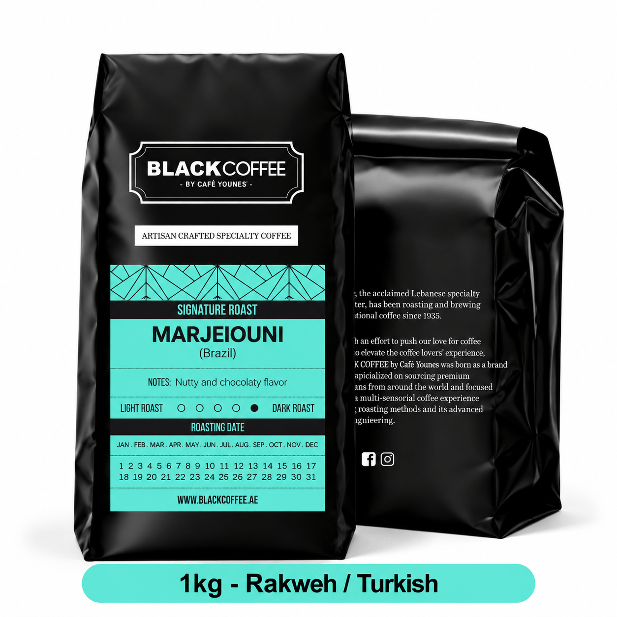 Black Coffee by Cafe Younes Marjeiouni Coffee Blend – Medium Body, Low Acidity, Nutty & Chocolate Notes, Crafted for Rakweh 1kg  RakwehTurkish Grind