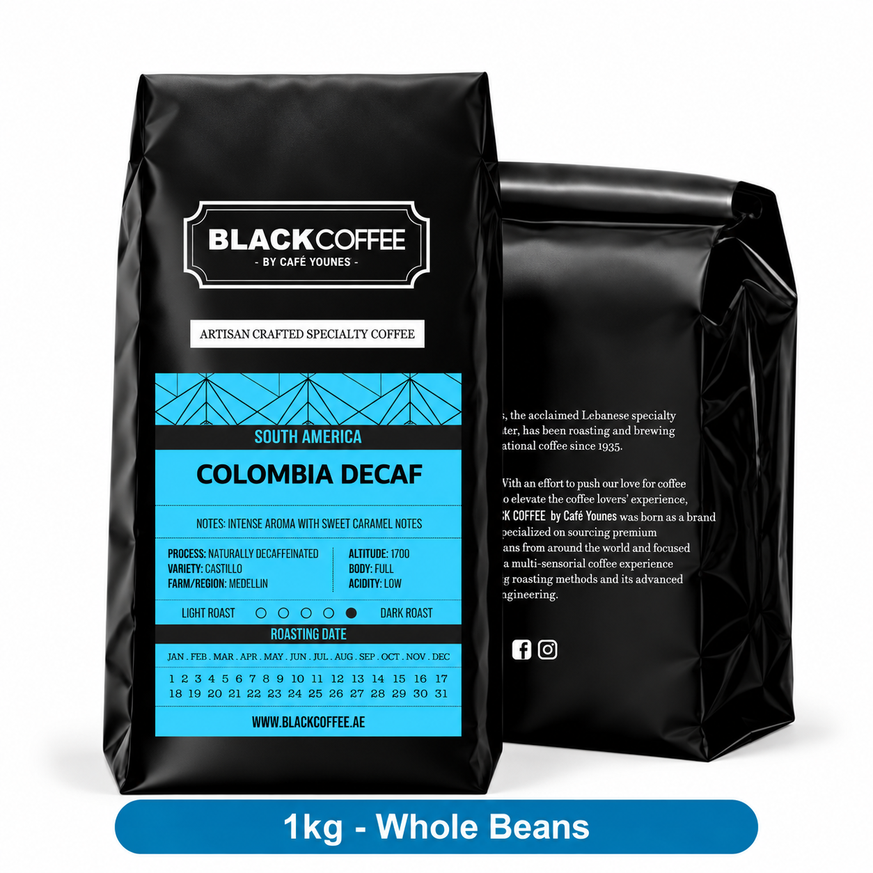 Black Coffee by Cafe Younes Colombia Decaf Coffee – Naturally Decaffeinated Castillo with Sweet Caramel Notes 1kg Whole Beans