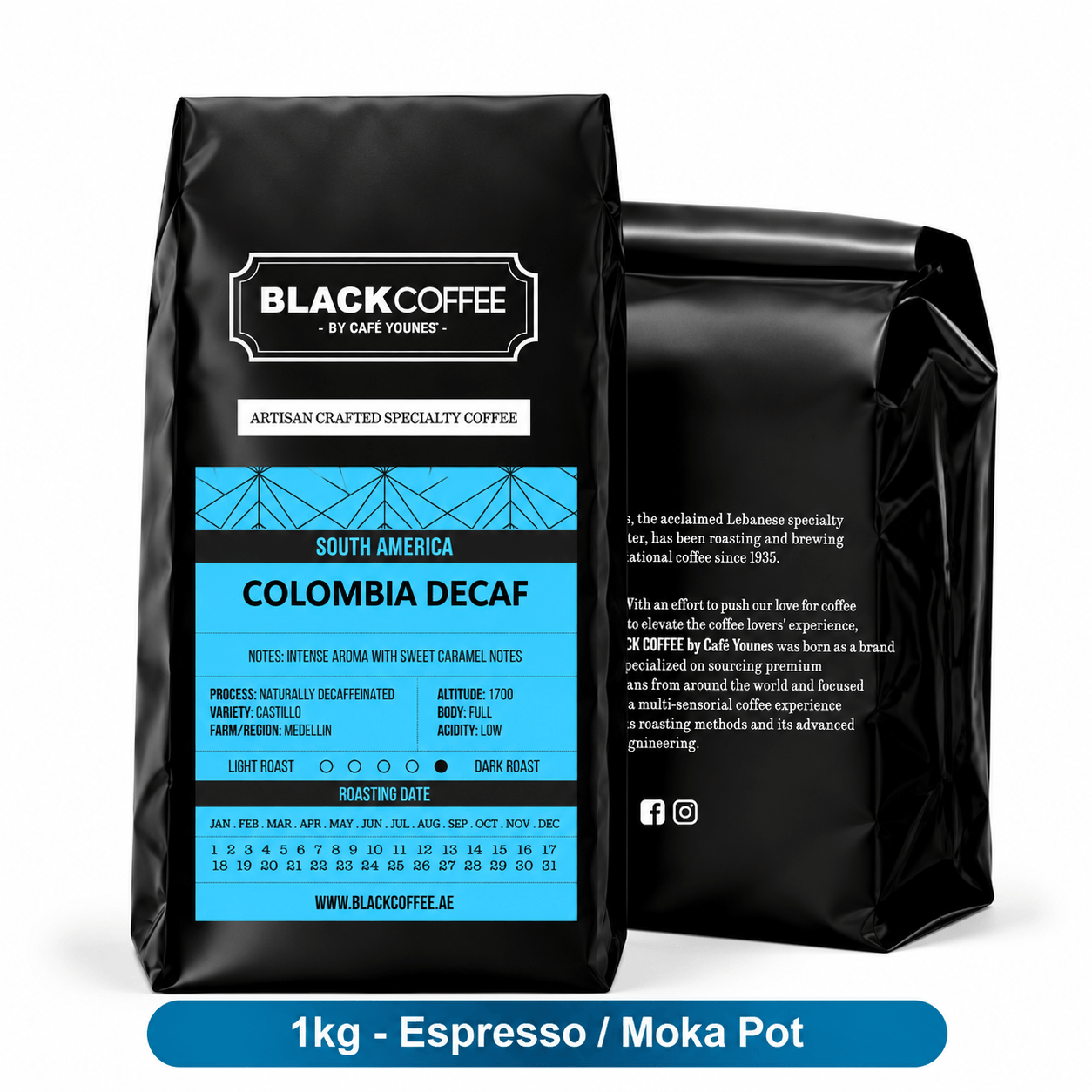 Black Coffee by Cafe Younes Colombia Decaf Coffee – Naturally Decaffeinated Castillo with Sweet Caramel Notes 1kg Espresso Moka Pot Grind