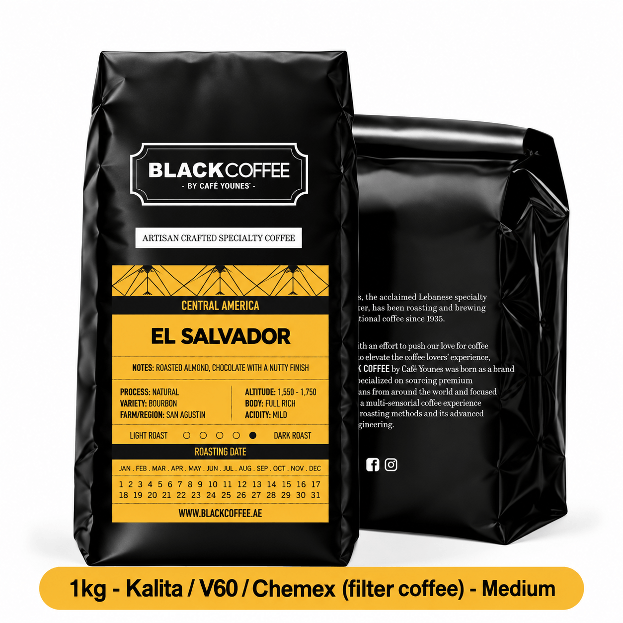 Black Coffee by Cafe Younes El Salvador San Agustin Single-Origin Coffee – Natural Bourbon, Roasted Almond & Chocolate Notes, Medium Roast 1kg | Filter Grind (Kalita/V60/Chemex) | Medium Roast