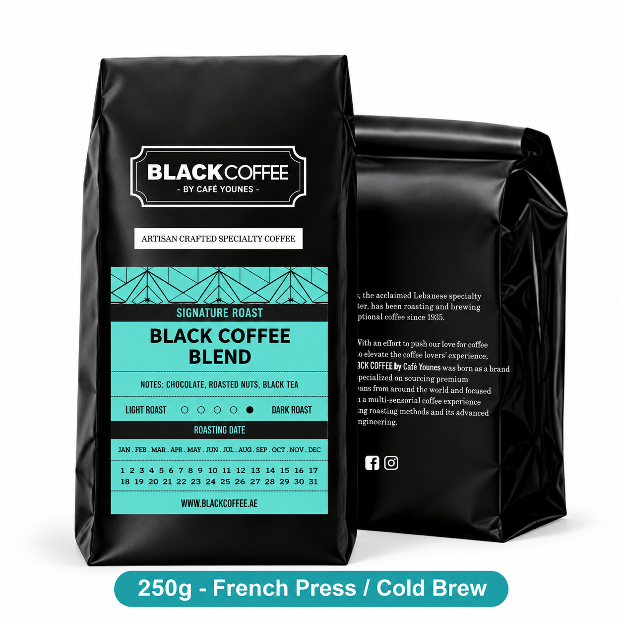 Black Coffee by Cafe Younes Signature Coffee Blend – Balanced Sweet Flavor with Multiple Grind Options for Home Brewing 250g | French Press/Cold Brew Grind