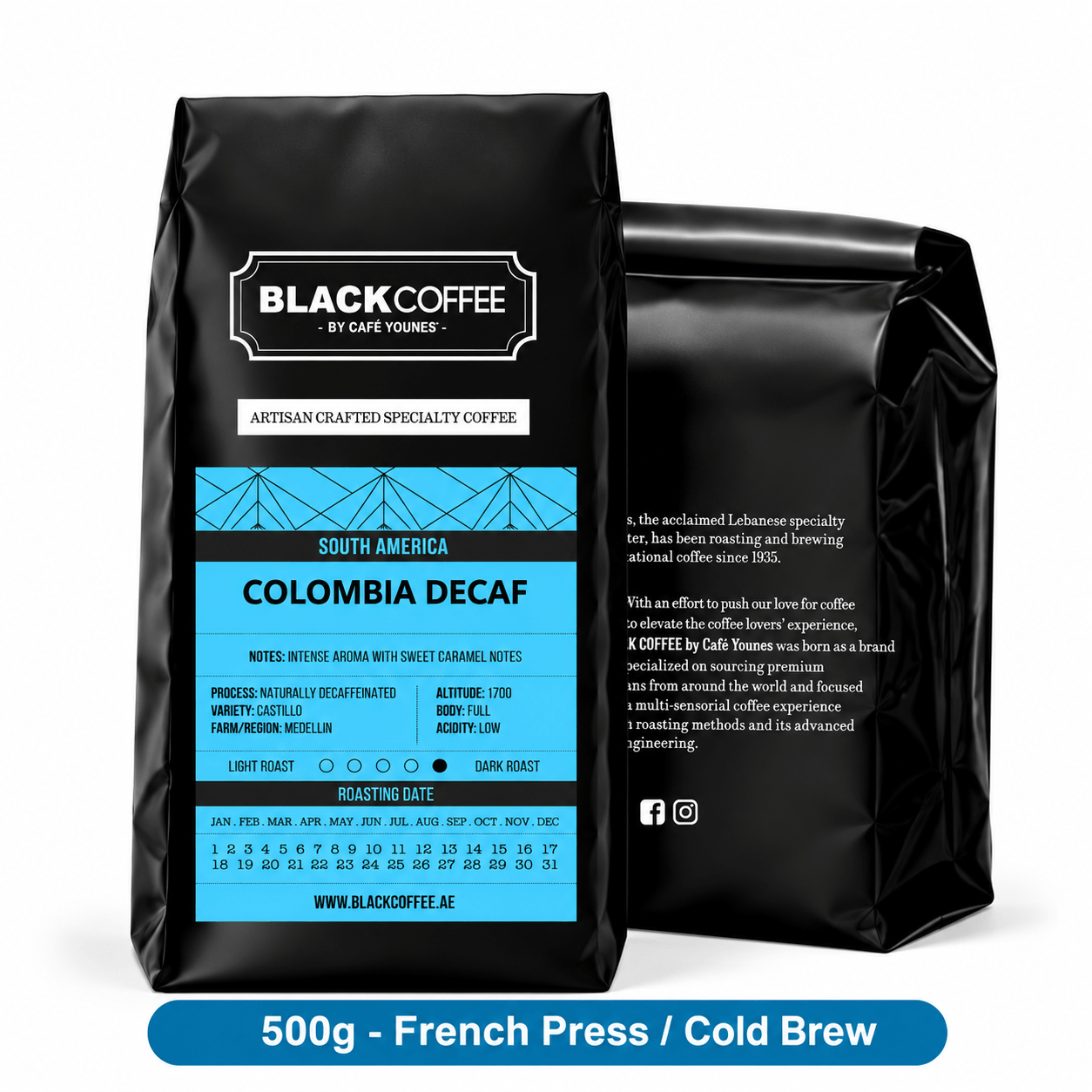 Black Coffee by Cafe Younes Colombia Decaf Coffee – Naturally Decaffeinated Castillo with Sweet Caramel Notes 500g French PressCold Brew Grind