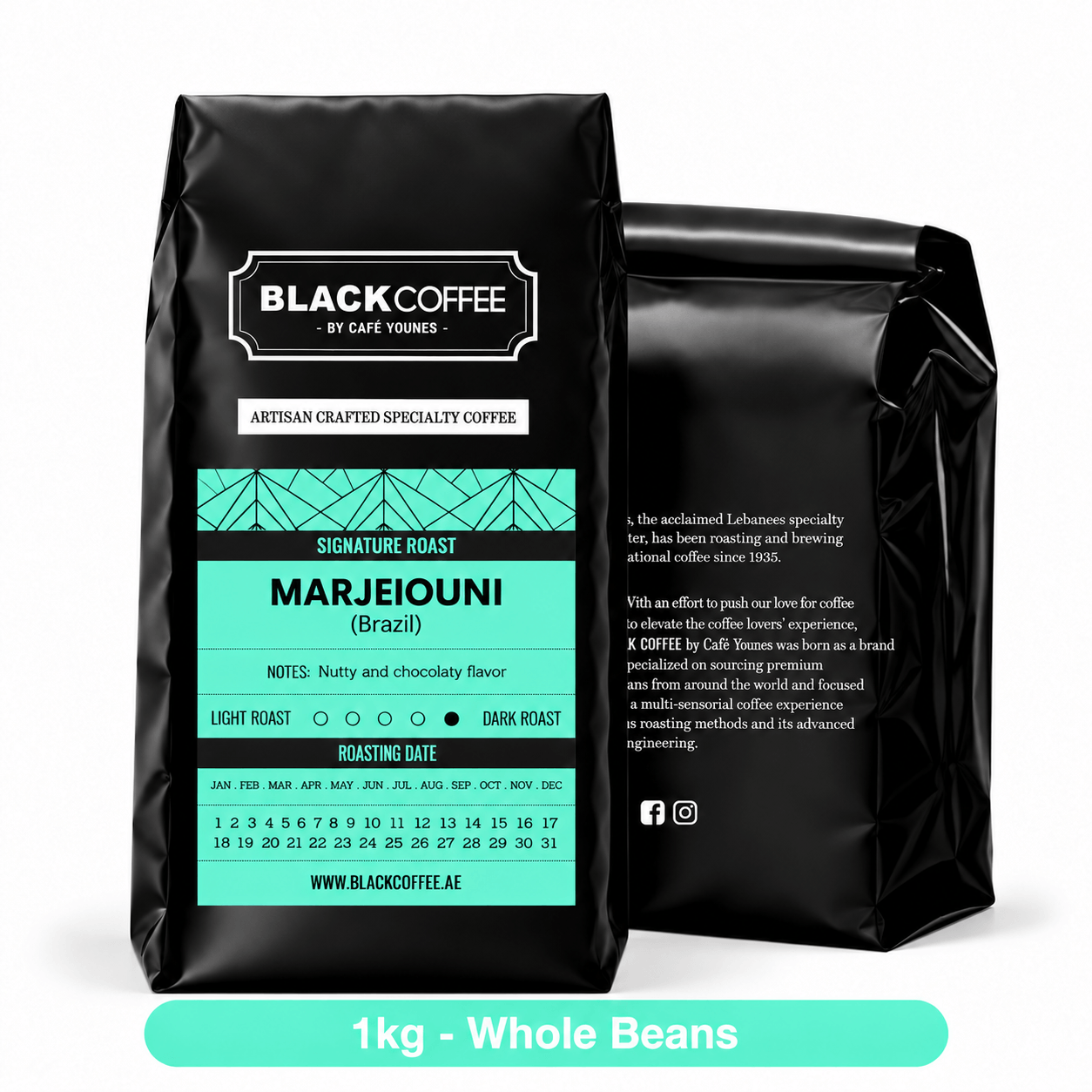 Black Coffee by Cafe Younes Marjeiouni Coffee Blend – Medium Body, Low Acidity, Nutty & Chocolate Notes, Crafted for Rakweh 1kg Whole Beans