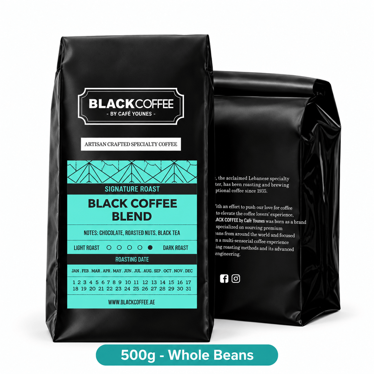 Black Coffee by Cafe Younes Signature Coffee Blend – Balanced Sweet Flavor with Multiple Grind Options for Home Brewing 500g Whole Beans
