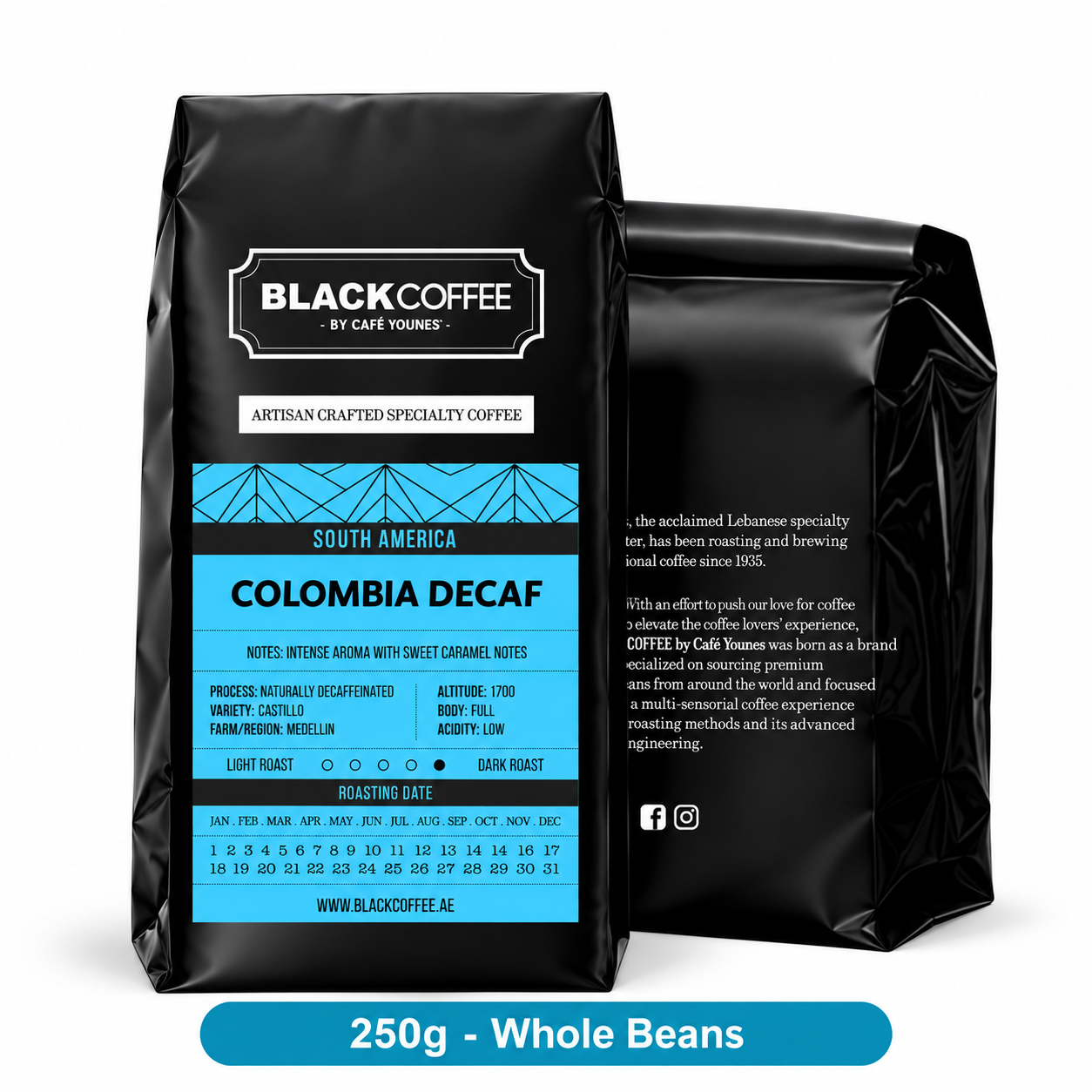 Black Coffee by Cafe Younes Colombia Decaf Coffee – Naturally Decaffeinated Castillo with Sweet Caramel Notes-250g | Whole Beans
