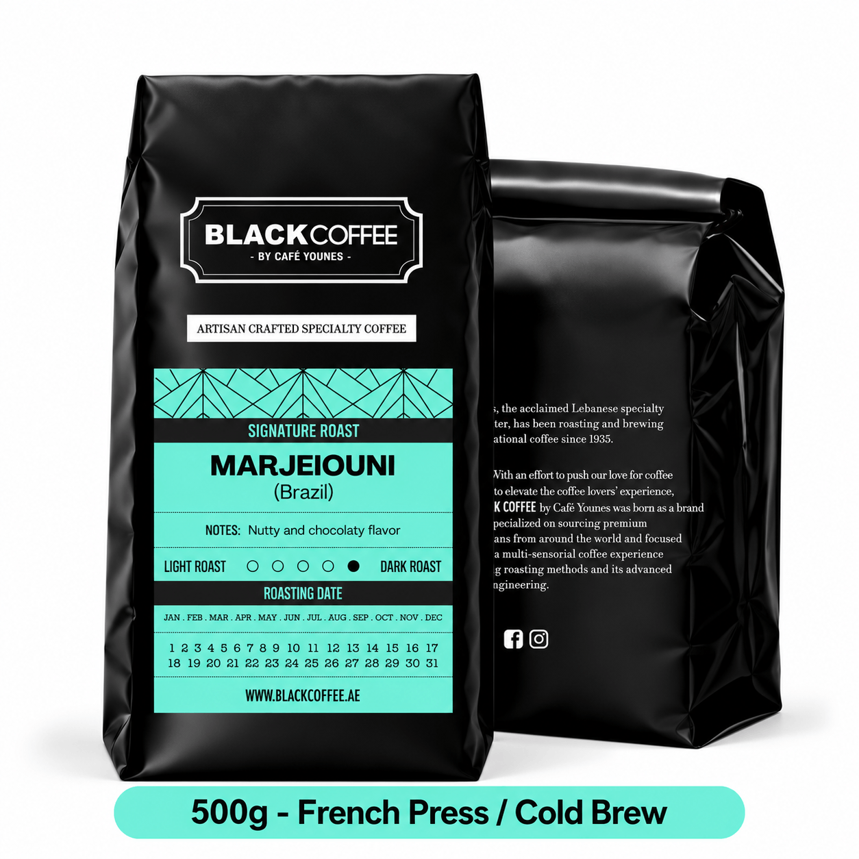 Black Coffee by Cafe Younes Marjeiouni Coffee Blend – Medium Body, Low Acidity, Nutty & Chocolate Notes, Crafted for Rakweh  500g  French PressCold Brew Grind