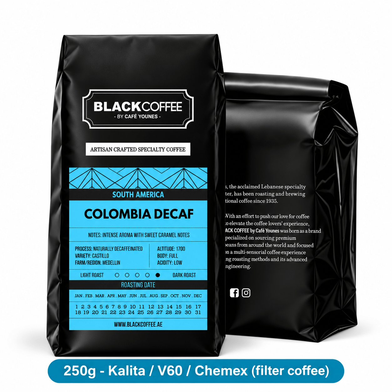 Black Coffee by Cafe Younes Colombia Decaf Coffee – Naturally Decaffeinated Castillo with Sweet Caramel Notes 250g Filter Grind (KalitaV60Chemex)