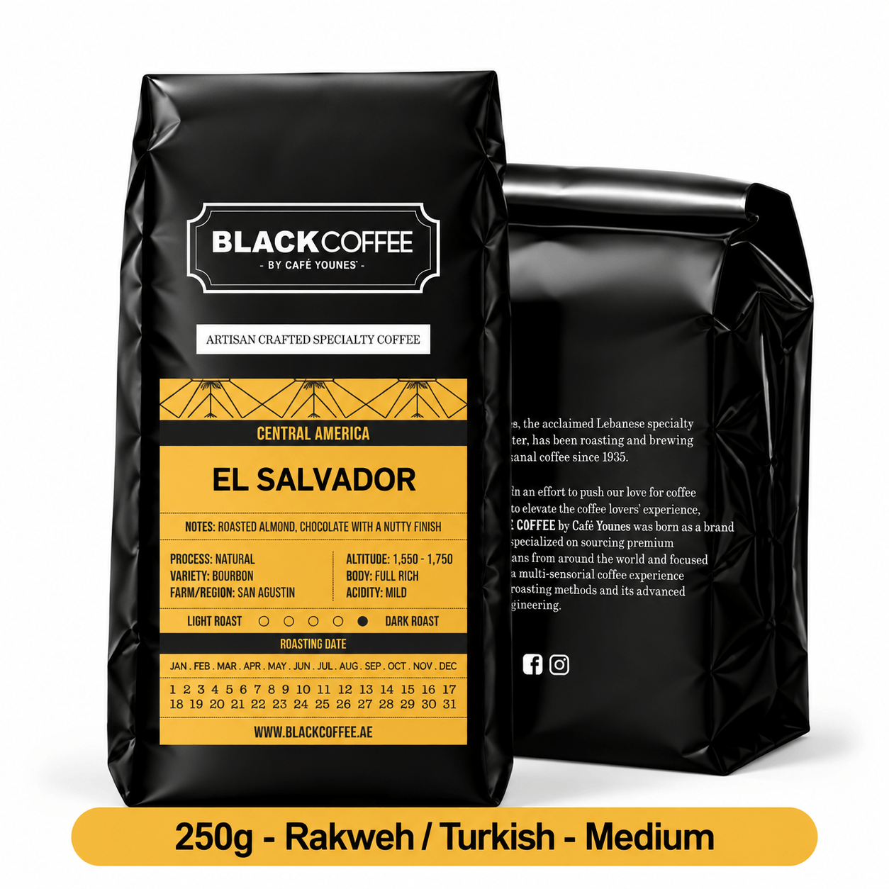 Black Coffee by Cafe Younes El Salvador San Agustin Single-Origin Coffee – Natural Bourbon, Roasted Almond & Chocolate Notes, Medium Roast  250g  RakwehTurkish Grind  Medium Roast