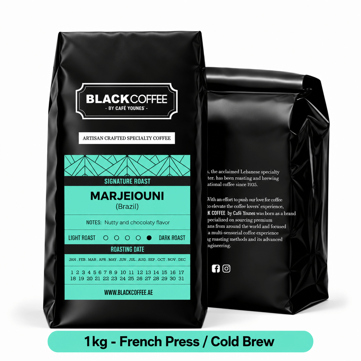 Black Coffee by Cafe Younes Marjeiouni Coffee Blend – Medium Body, Low Acidity, Nutty & Chocolate Notes, Crafted for Rakweh 1kg French PressCold Brew Grind