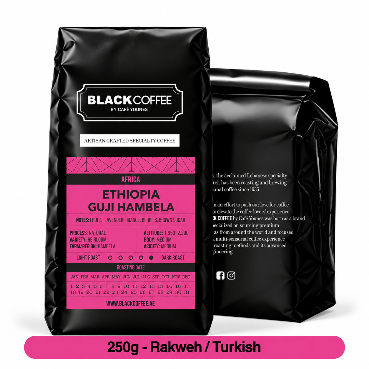 Black and Pink Ethiopian Coffee Packaging  250g  Rakweh Turkish Grind 