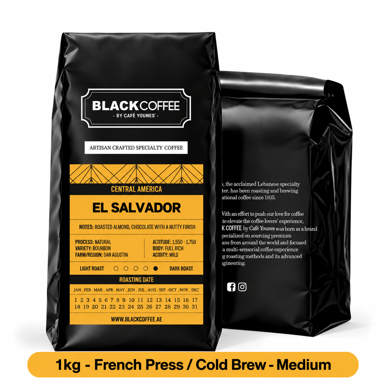 Black Coffee by Cafe Younes El Salvador San Agustin Single-Origin Coffee – Natural Bourbon, Roasted Almond & Chocolate Notes, Medium Roast 1kg  French PressCold Brew Grind  Medium Roast