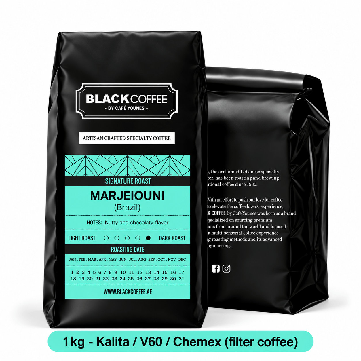 Black Coffee by Cafe Younes Marjeiouni Coffee Blend – Medium Body, Low Acidity, Nutty & Chocolate Notes, Crafted for Rakweh 1kg  Filter Grind (KalitaV60Chemex)