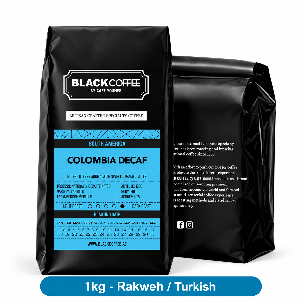 Black Coffee by Cafe Younes Colombia Decaf Coffee – Naturally Decaffeinated Castillo with Sweet Caramel Notes 1kg Rakweh Turkish Grind