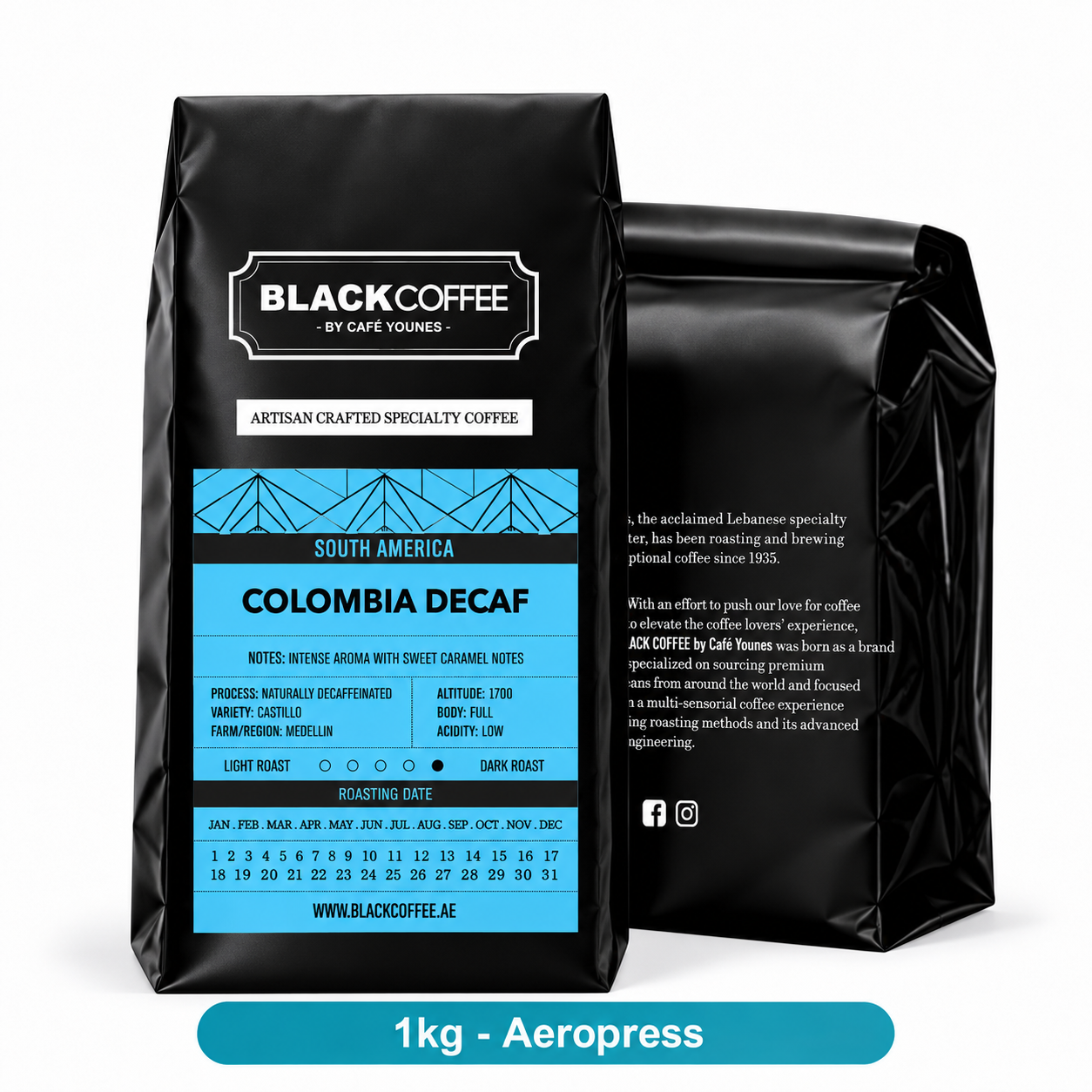 Black Coffee by Cafe Younes Colombia Decaf Coffee – Naturally Decaffeinated Castillo with Sweet Caramel Notes 1kg | AeroPress Grind