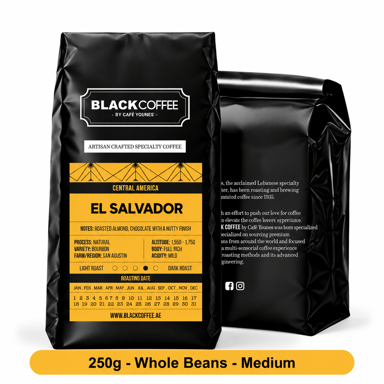 Black Coffee by Cafe Younes El Salvador San Agustin Single-Origin Coffee – Natural Bourbon, Roasted Almond & Chocolate Notes, Medium Roast 250g  Whole Beans  Medium Roast
